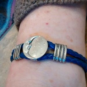 Silver Toned Moon Blue Leather Like Bracelet